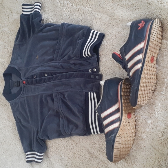 Adidas Rare Blokecore Vintage Y2K Blue Velour Short Sleeve Jacket Leather Sneaks - Picture 2 of 12